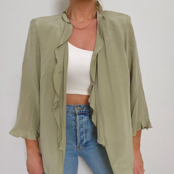 Vintage Tops - Vintage Silk Sage Green Boho Ruffle Blouse